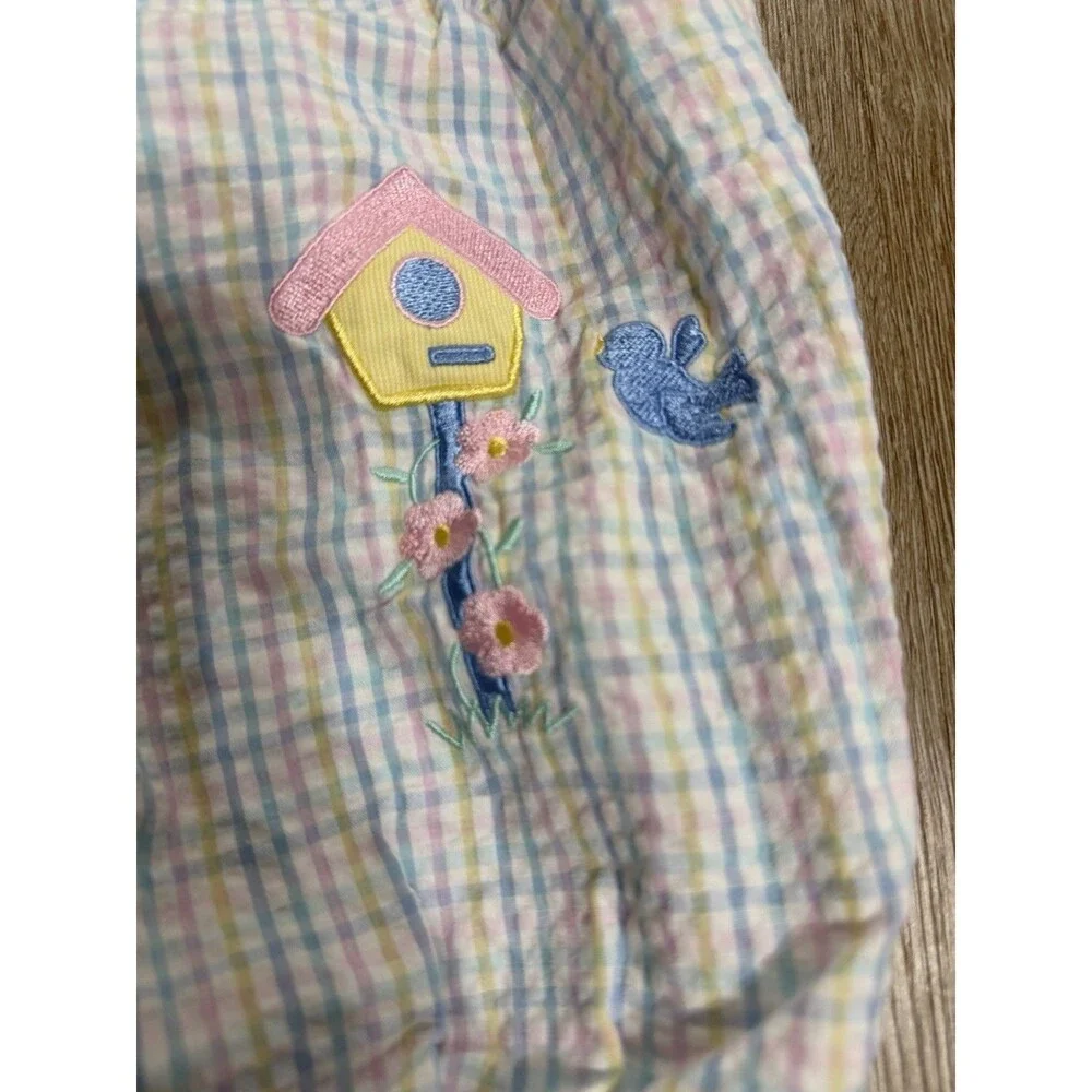 Vintage B.T Kids One Piece Jumpsuit Pastel Plaid Bird/Birdhouse Girls 6-9 Months